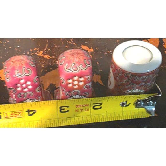 3 pc Vintage Asian Ceramic Salt & Pepper Shakers Toothpick Holder Pink Floral - Picture 11 of 11